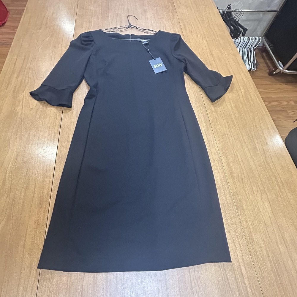 DKNY Dress Womens 10 Black Bell Sleeve Sheath Knee Length Work Office Business